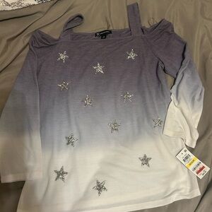 INC International Concepts Blue and Cream hombre off the shoulder sweater